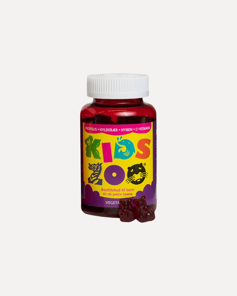 Pakke med Kids Zoo tyggetabletter med C-vitamin, hyldebær og hyben til børn