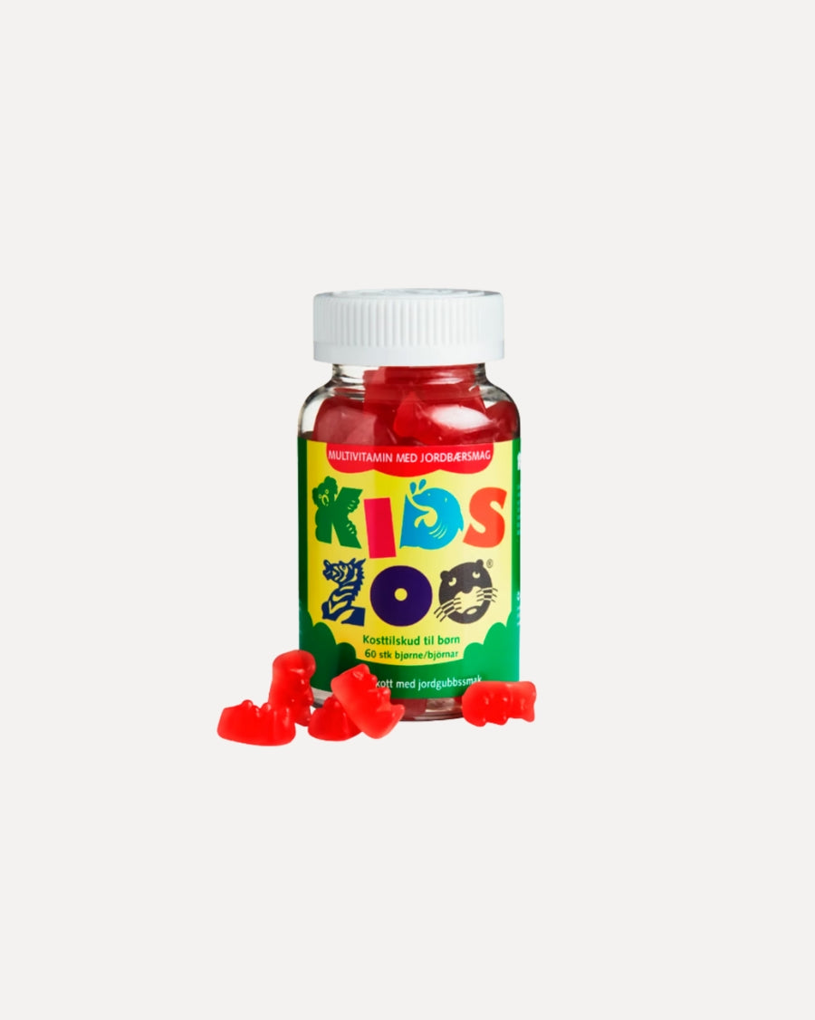 Pakning med Kids Zoo multivitamin vitamingummibamser, jordbærsmag, 60 stk