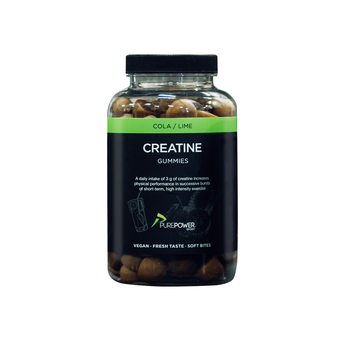 PurePower kreatin vingummi med smag af cola og lime, pakke med 120 stk.