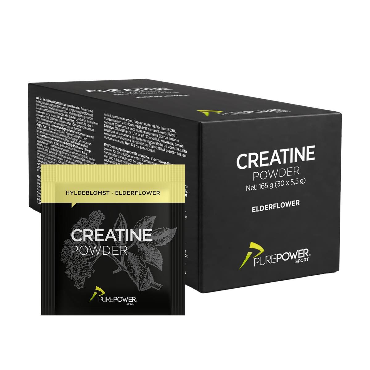 Æske med 30 PurePower Creatine Sticks med hyldeblomstsmag, 4 g kreatin pr. stick