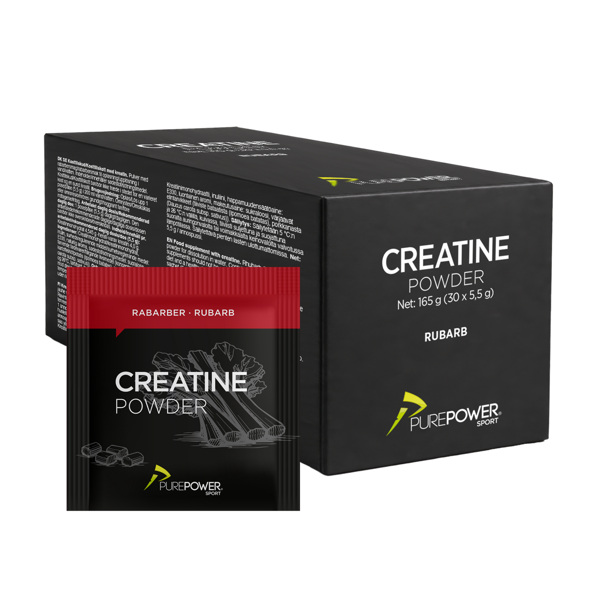 Æske med 30 PurePower Creatine Sticks med rabarbersmag, 4 g kreatin pr. stick