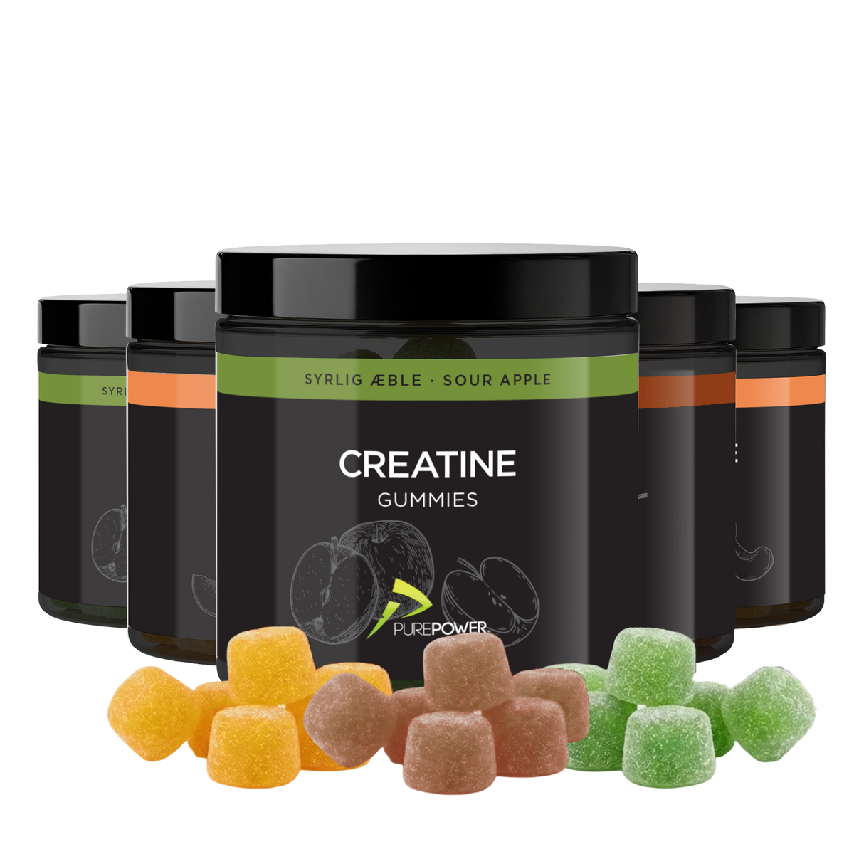 PurePower Creatine Gummies kreatin vingummi i bøtter, mix med fersken, syrlig æble og cola