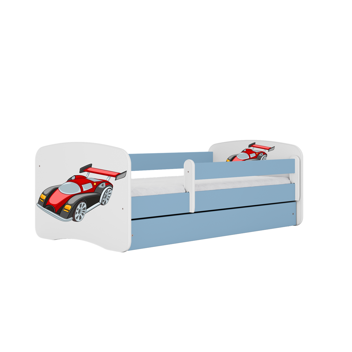 Kocot Kids Babydreams juniorseng med racerbil i hvid og blå laminat