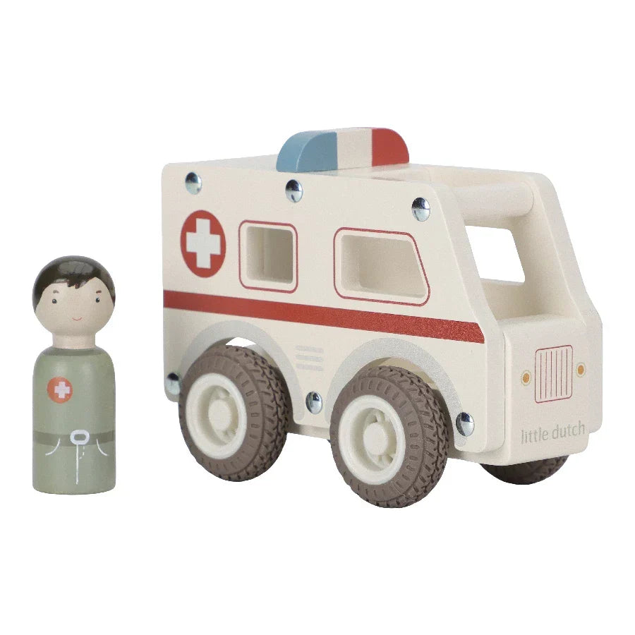Little Dutch ambulance i træ med gummihjul og sygeplejerske