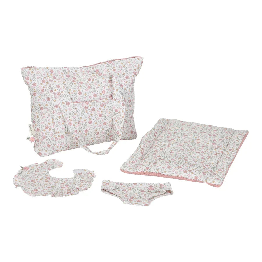 Little Dutch pusletaske til dukker med ble, pusleunderlag og hagesmæk i Soft Flower