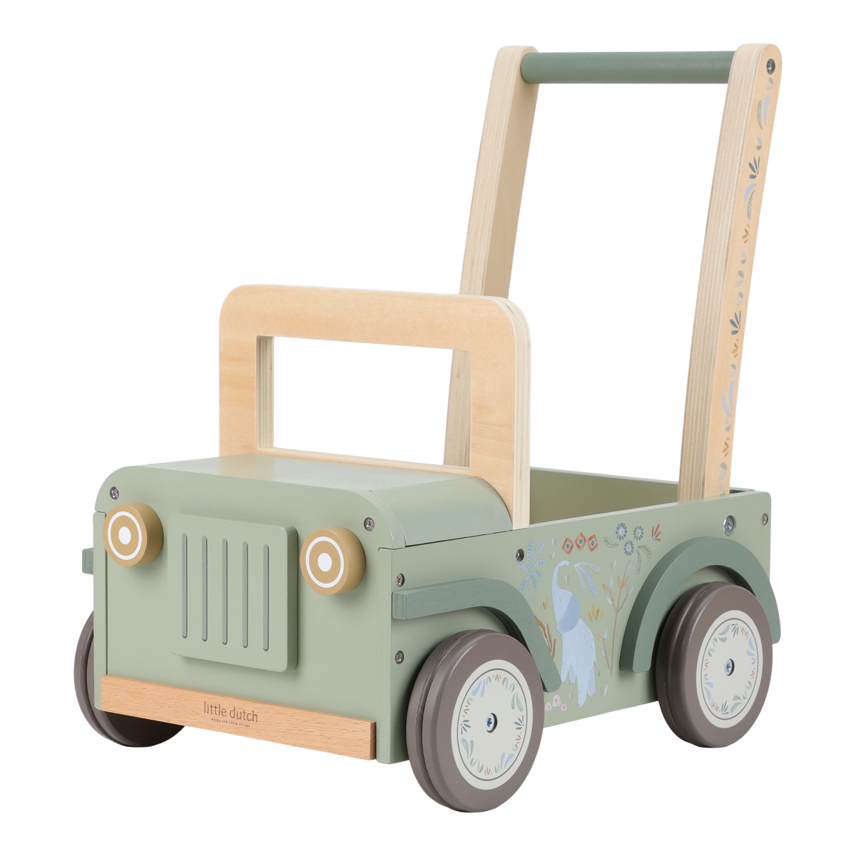Skubbevogn i træ formet som safaribil fra Little Dutch med Safari Friends-illustrationer