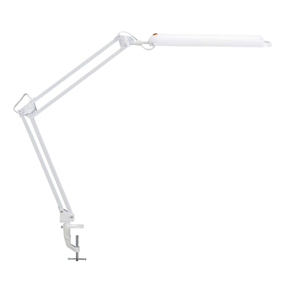 Hvid MAULatlantic LED skrivebordlampe med metalarm og bordklemme