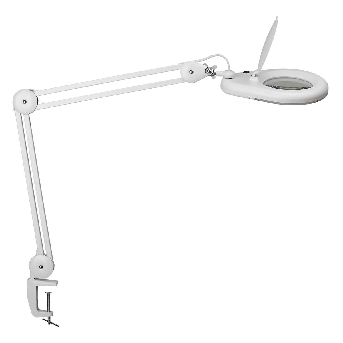 Hvid MAULviso LED luplampe med bordklemme og forstørrelsesglas
