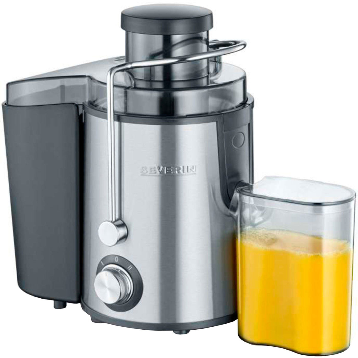 Severin 3566 saftpresser i rustfrit ståldesign med sorte plastikdetaljer