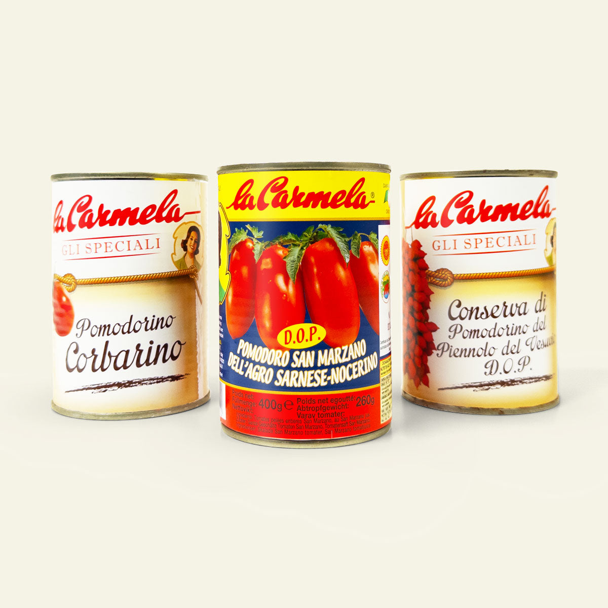 Tre dåser La Carmela Napoletana Pomodori med San Marzano-tomater