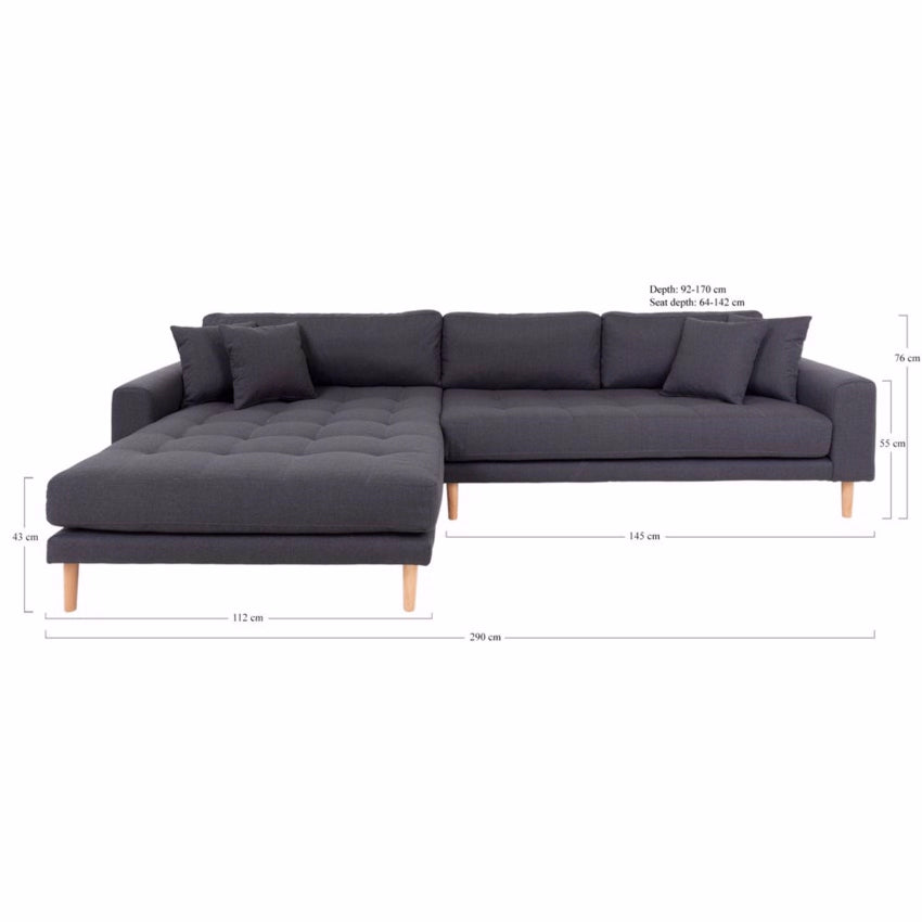 Lido venstrevendt chaiselong sofa i mørkegråt stof med fire puder