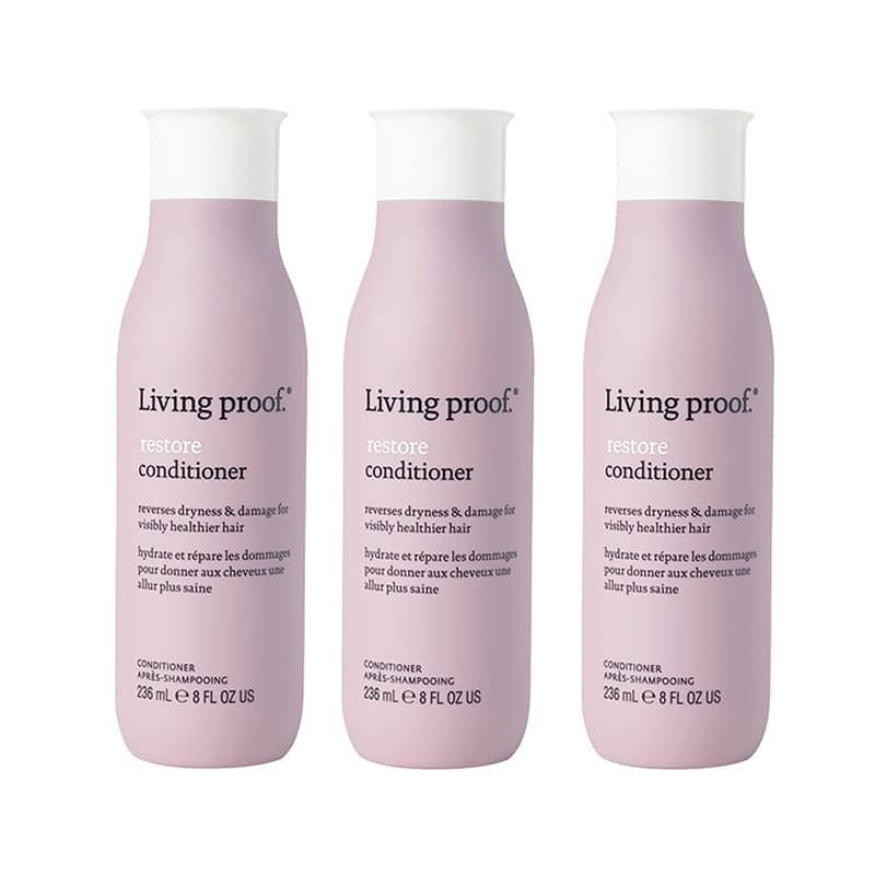 Tre flasker Living Proof Restore Conditioner à 236 ml i en samlet pakke