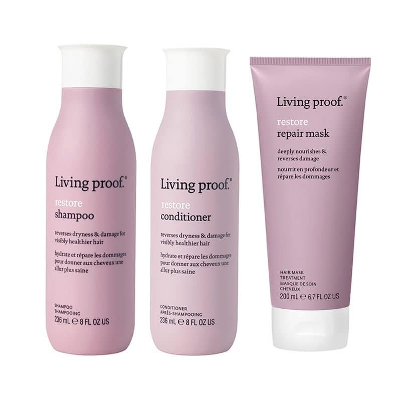 Living Proof Restore-sæt med shampoo, conditioner og Repair Mask i tre flasker og tube