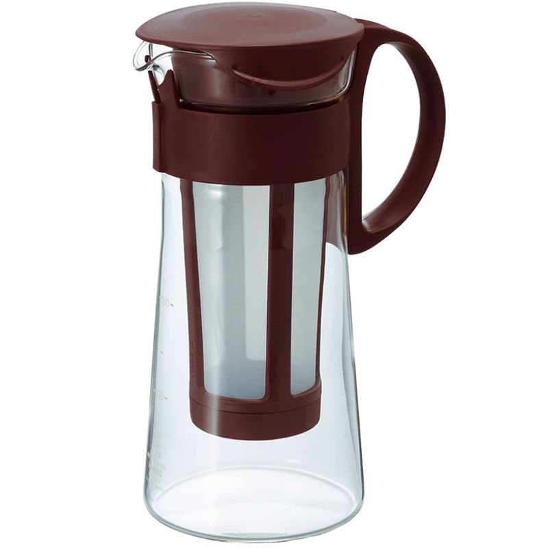 Chokoladebrun Hario Mizudashi cold brew kande i borosilikatglas med filter