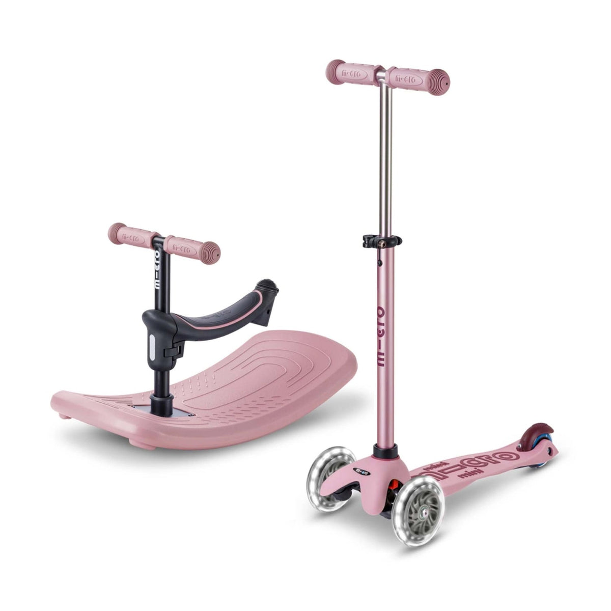 Pastel rosa Mini Micro Deluxe Rock & Go LED, vippegynge og løbehjul i ét