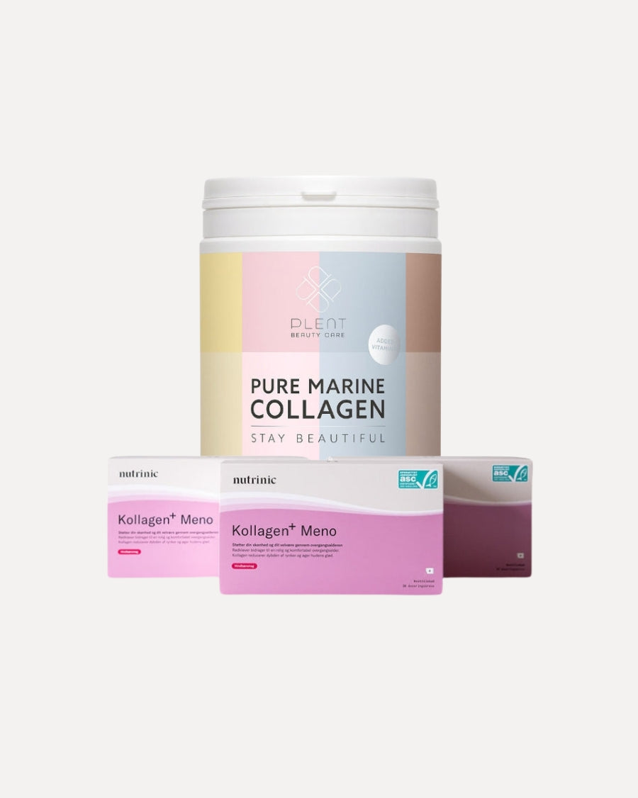 Pakke med Nutrinic Kollagen Meno og Plent Marine Collagen Tropical Pineapple