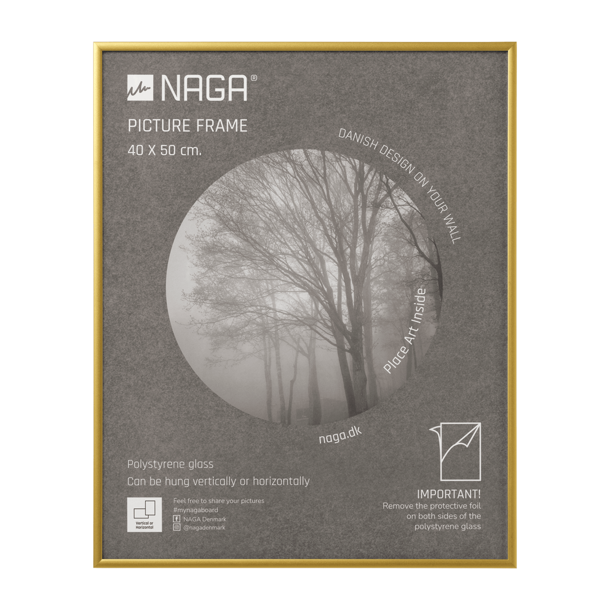 Billedramme i mat guld aluminium med plexiglas fra Naga, 40 x 50 cm