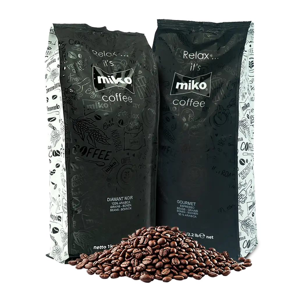 Miko smagskasse med kaffebønner, 1 kg mellemristede og 1 kg mørkristede