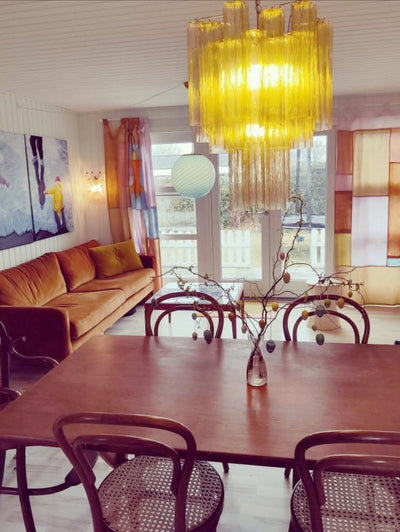 Se Murano Lysekrone på udsalg! 30 tuber, klar rav/guld glas krom blank. Billig fragt & hurtig levering. Spar op til 66%! CHEVIN-65949.
