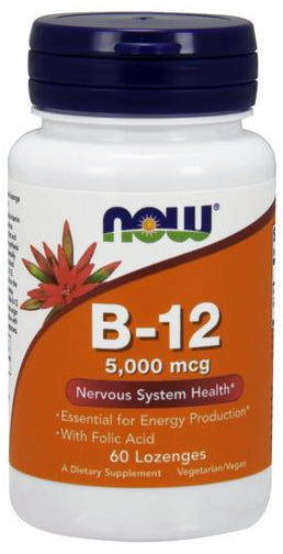 Beholder med NOW Foods Vitamin B-12 med folinsyre, 60 sugetabletter