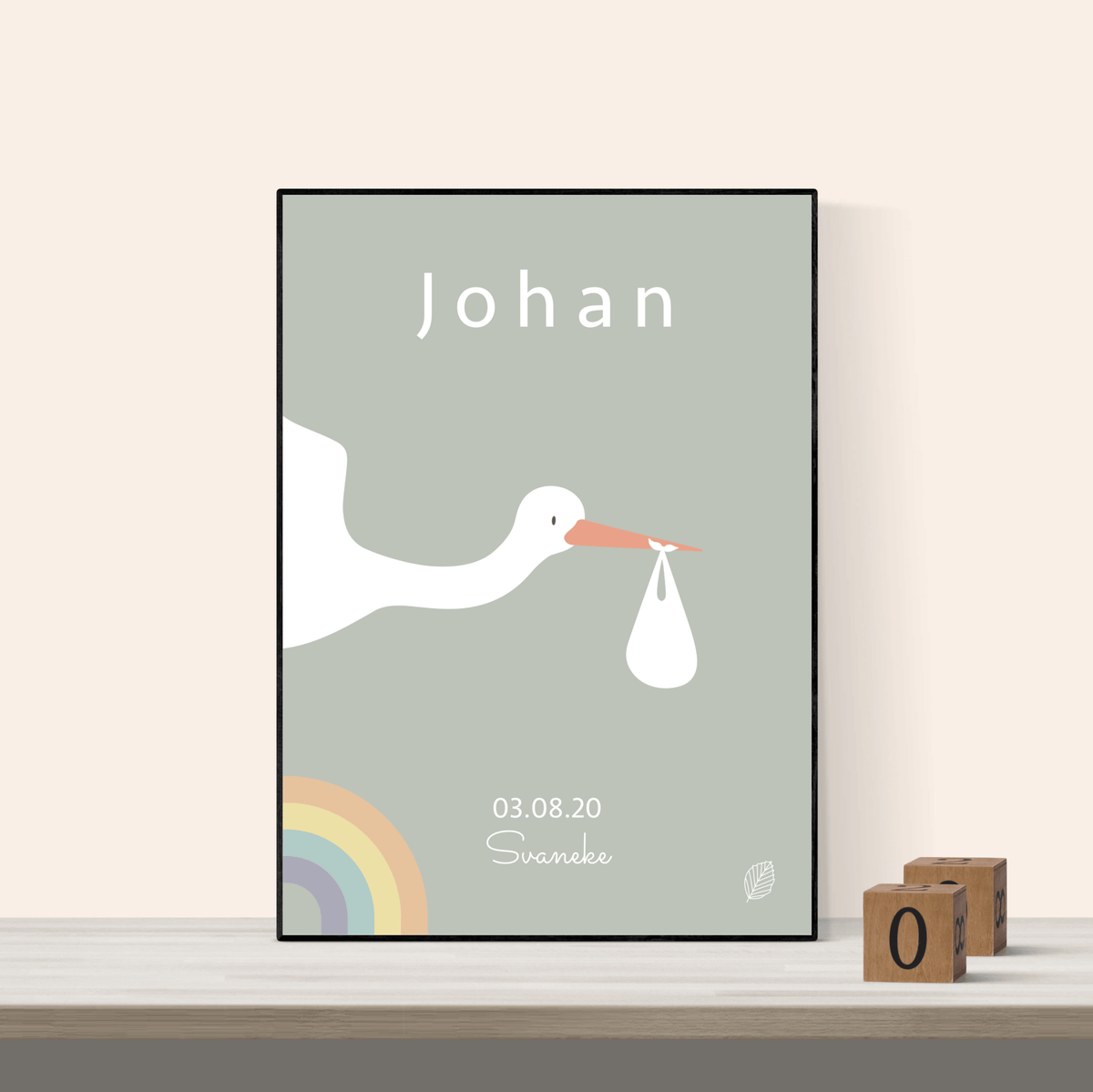 Personlig plakat med stork i grå, navn, by og dato, 50 x 70 cm uden ramme