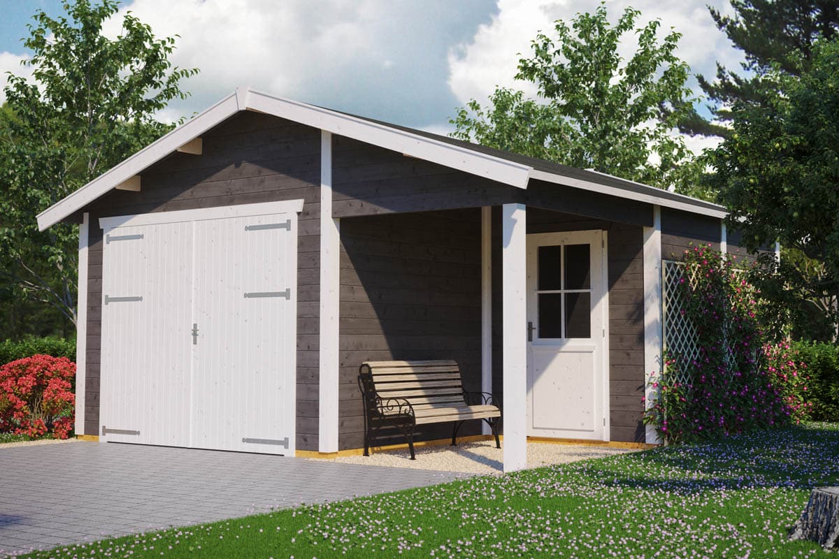 Garage Nordisk 590 med skur i 45 mm bjælker, enkelt garage fra Sølund Huse