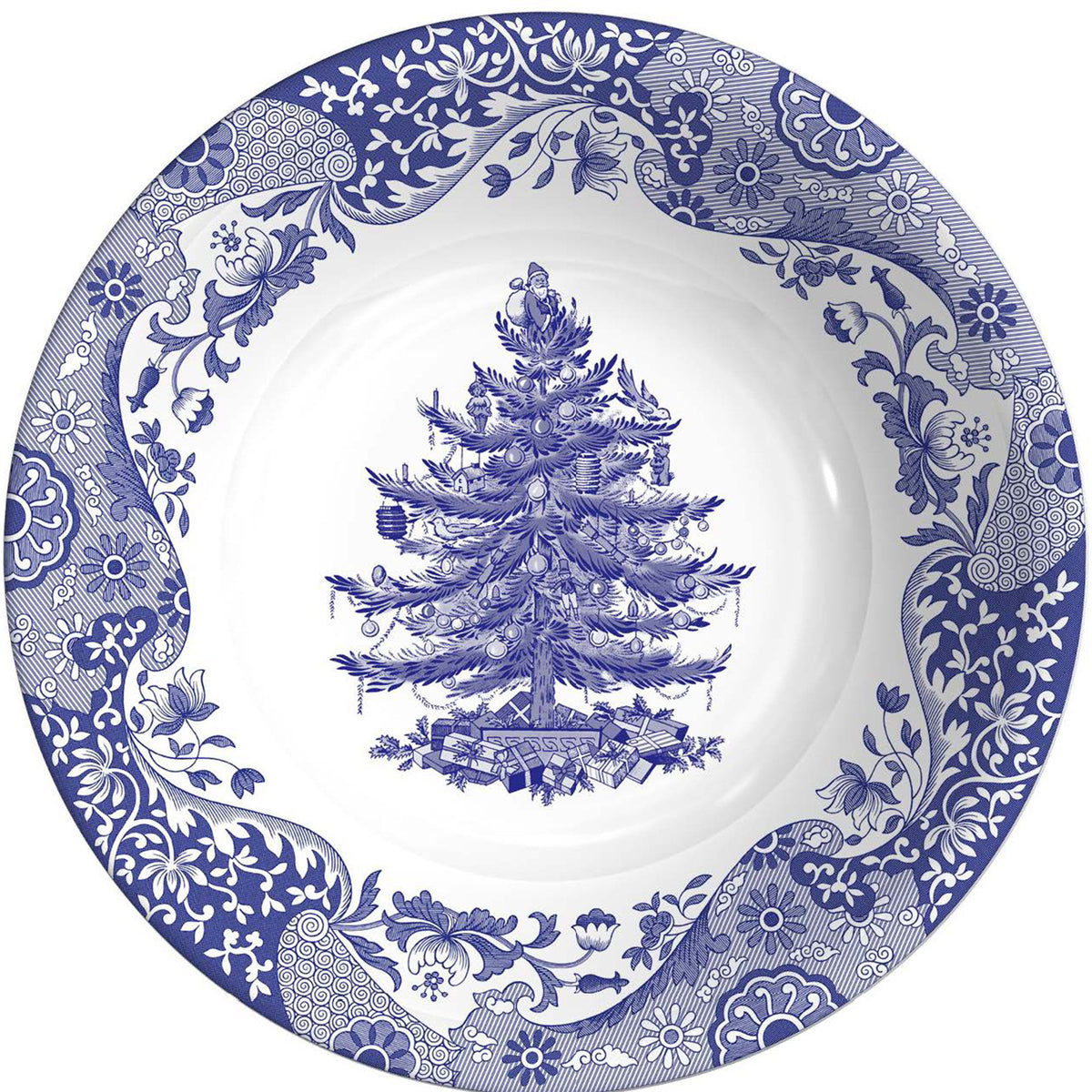 Spode Blue Italian Christmas Tree skål på 20 cm med blå-hvid kant og juletræ i midten