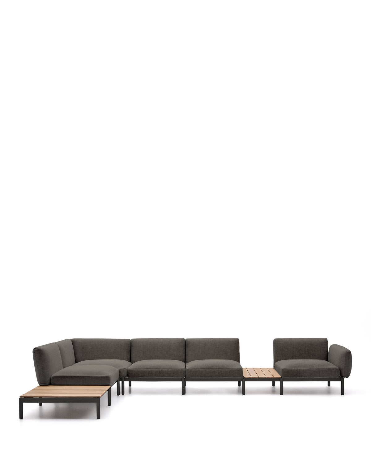 Sorells udendørs modulær hjørnesofa i grå stof og grå aluminium fra Kave Home