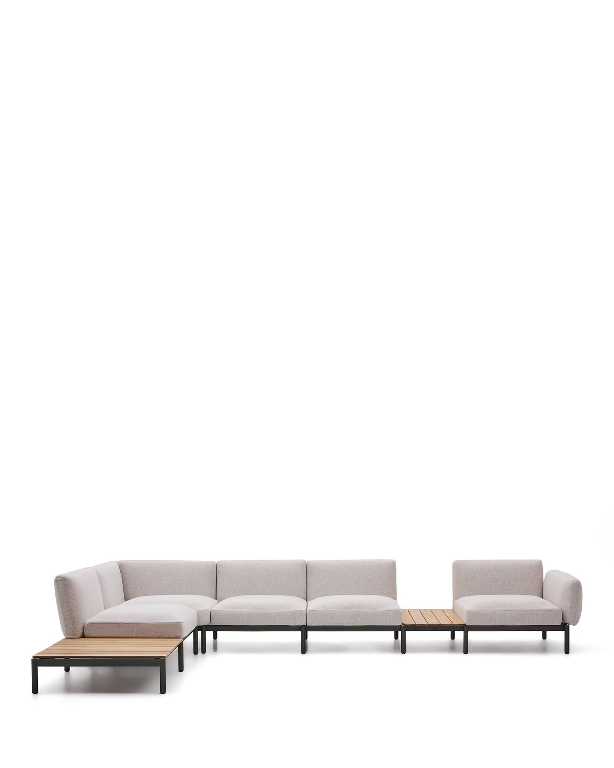 Kave Home Sorells modulær udendørs hjørnesofa i beige stof og grøn aluminium