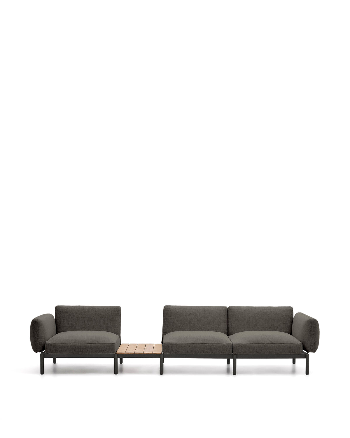 Kave Home Sorells udendørs modulær hjørnesofa til tre personer i gråt stof og grå aluminium