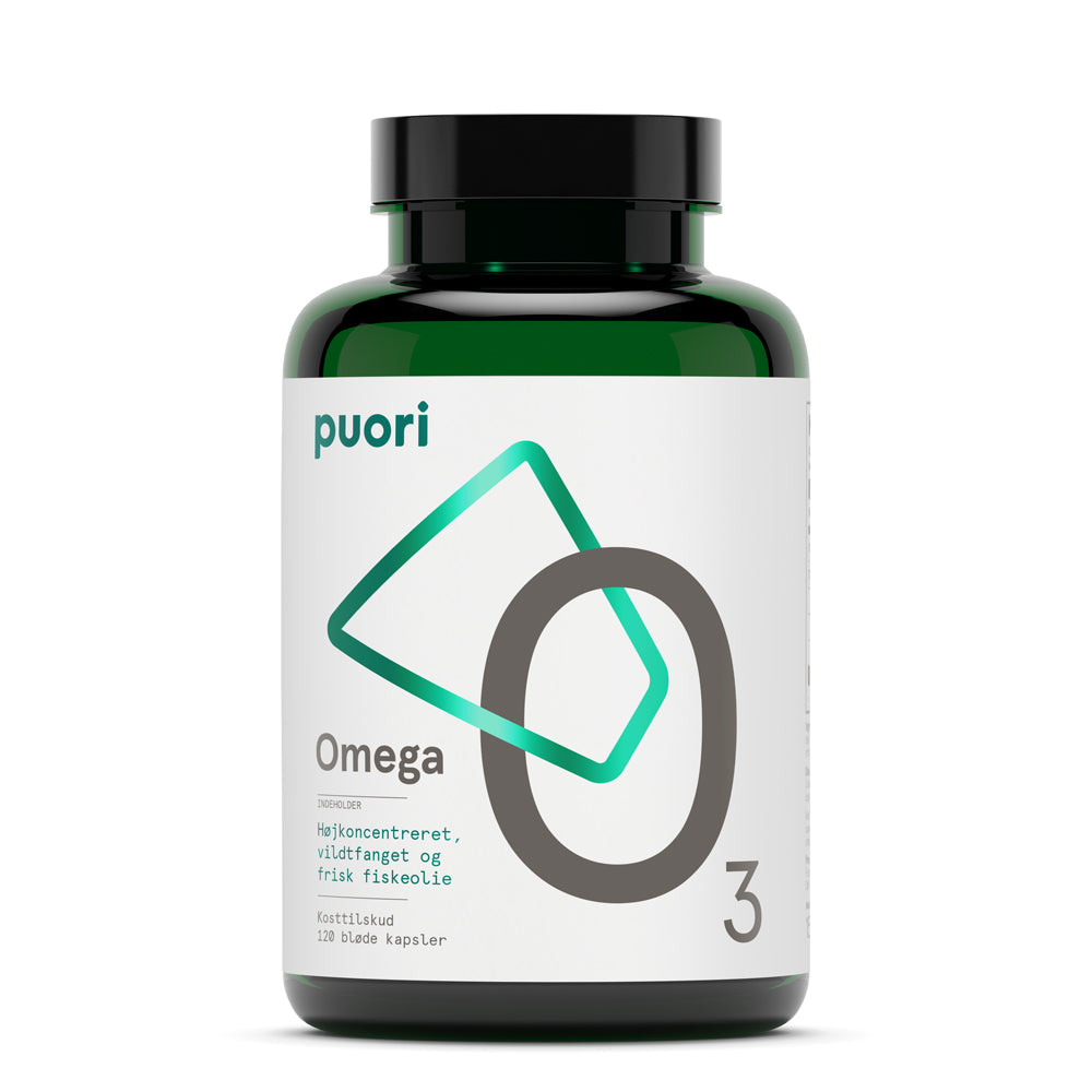 Pakning med Puori O3 Omega-3 fiskeolie, 120 kapsler