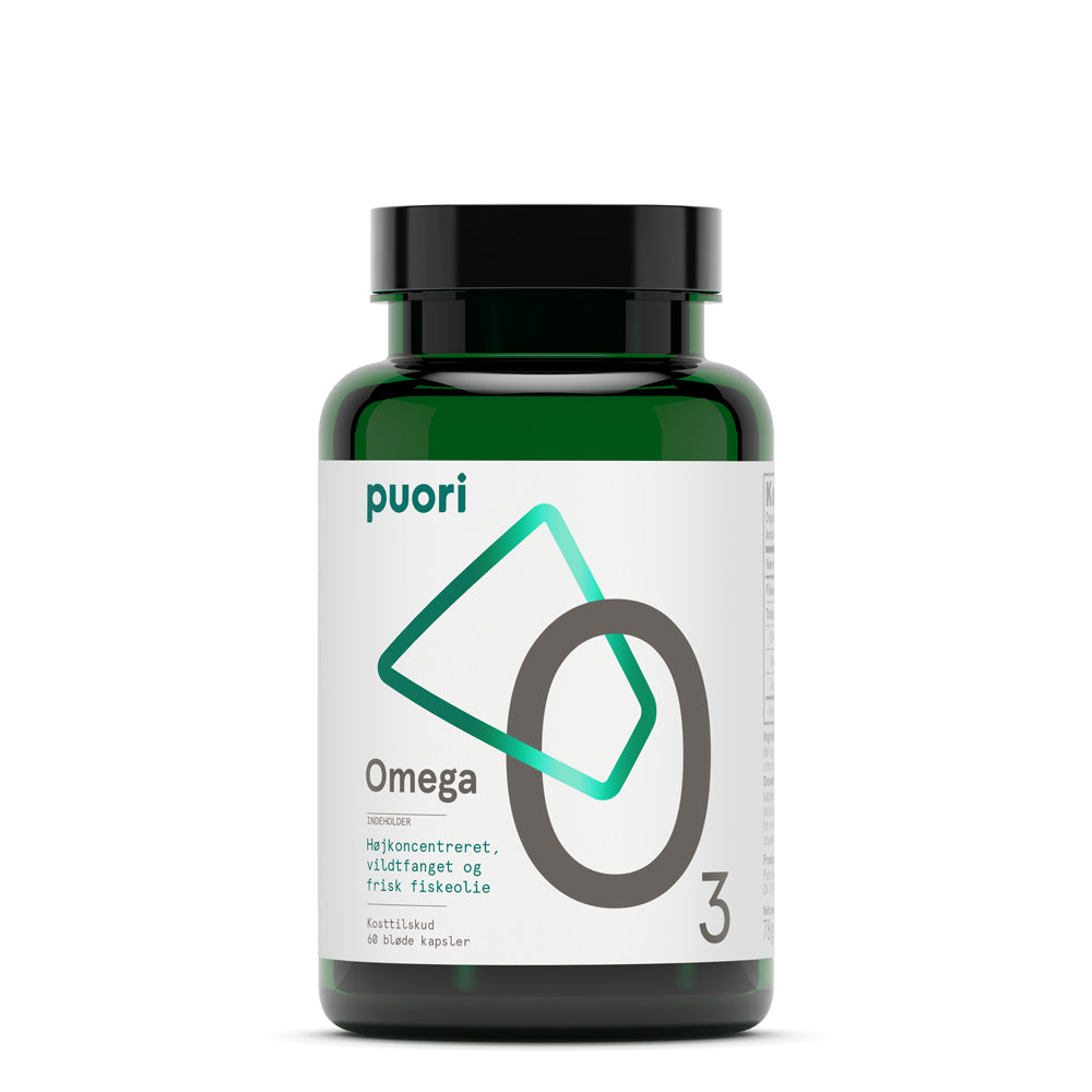 Pakning med Puori 03 Omega 3 fiskeolie, 60 kapsler