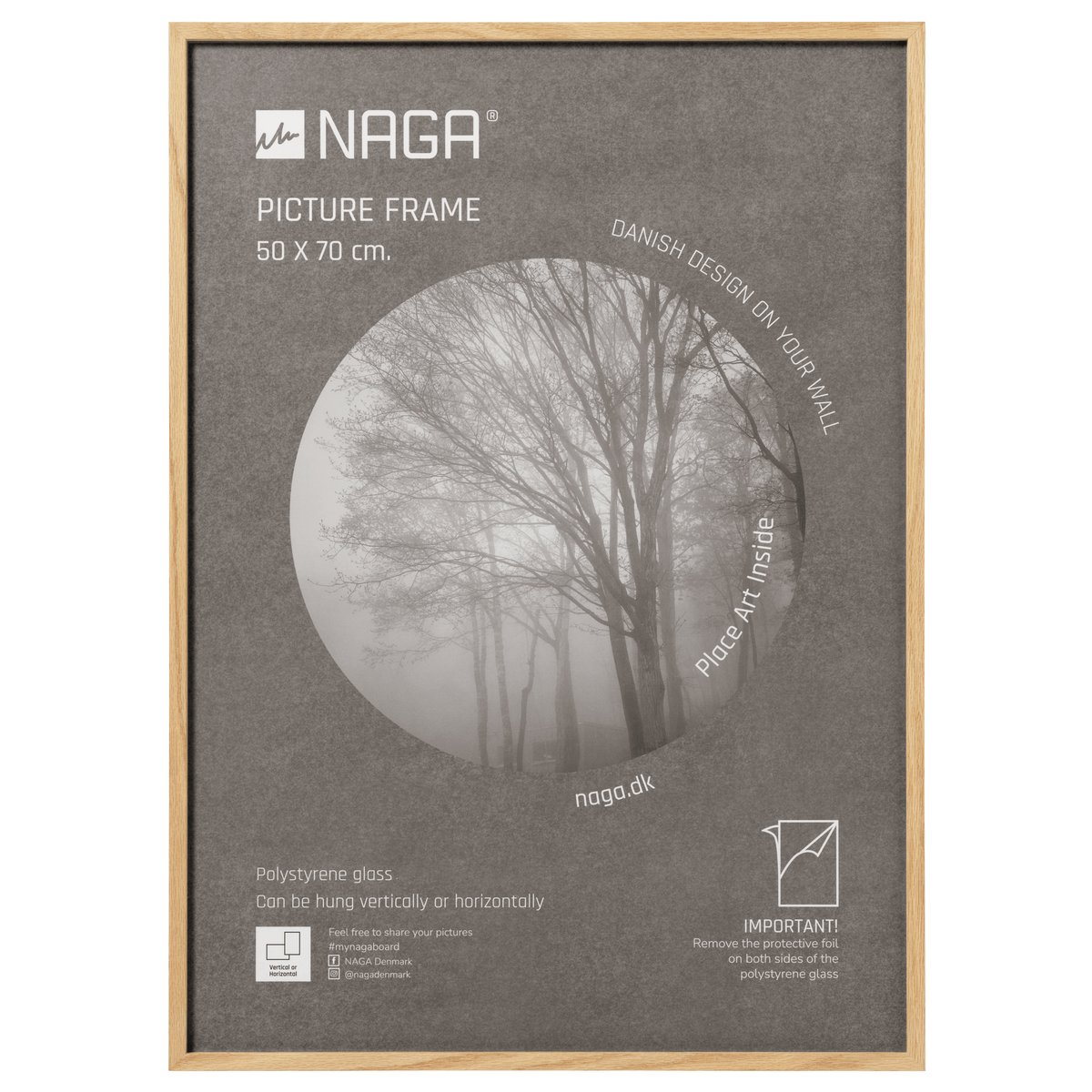 Naga plakatramme i massivt egetræ til billede på 50 x 70 cm med plexiglas