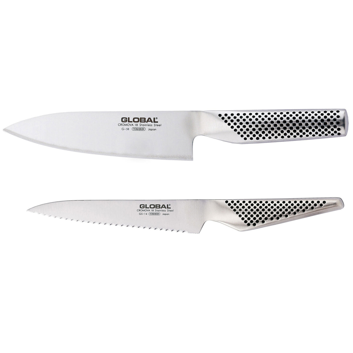 Global knivsæt med to knive, G-58 kompakt kokkekniv og GS-14