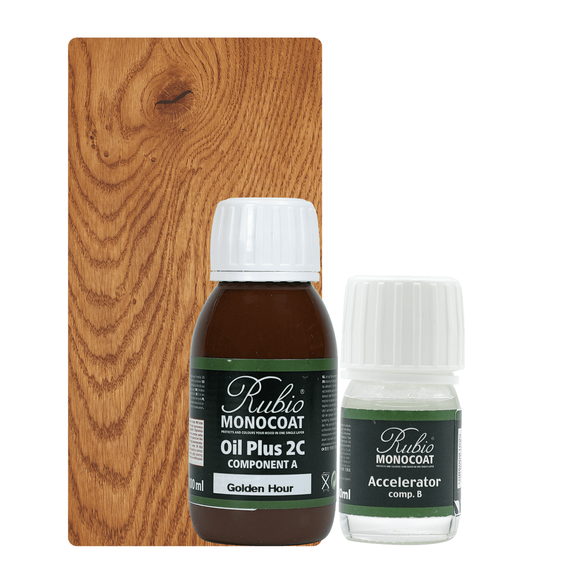 Beholder med Rubio Monocoat Oil Plus 2C træolie i nuancen Golden Hour, 130 ml