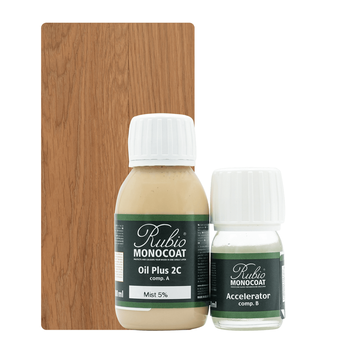 Flaske Rubio Monocoat Oil Plus 2C indendørs træolie i farven Mist 5%, 130 ml