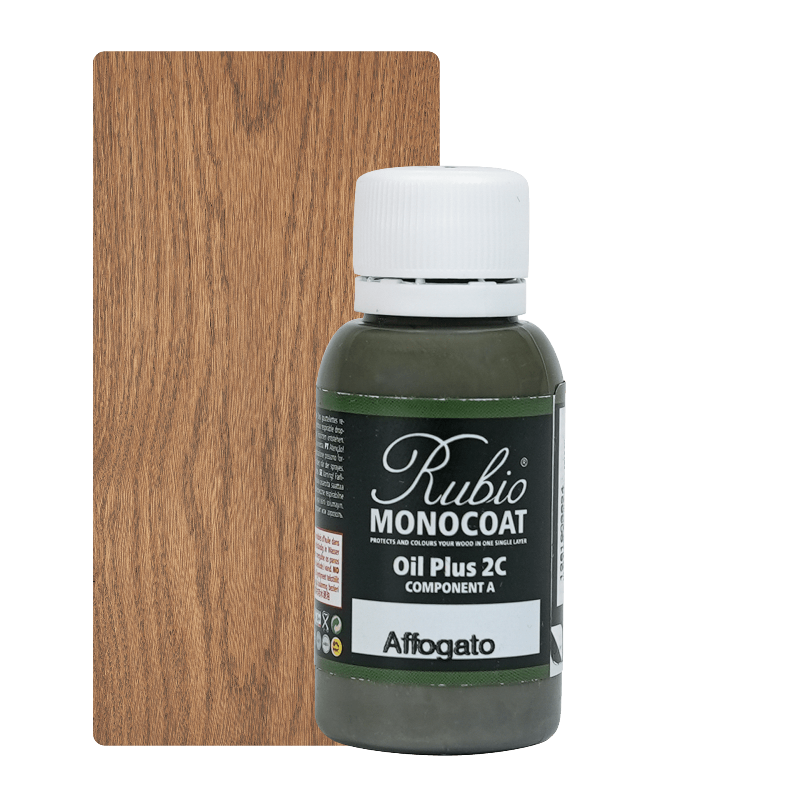 Lille pakning Rubio Monocoat Oil Plus 2C indendørs træolie i farven Affogato, 20 ml