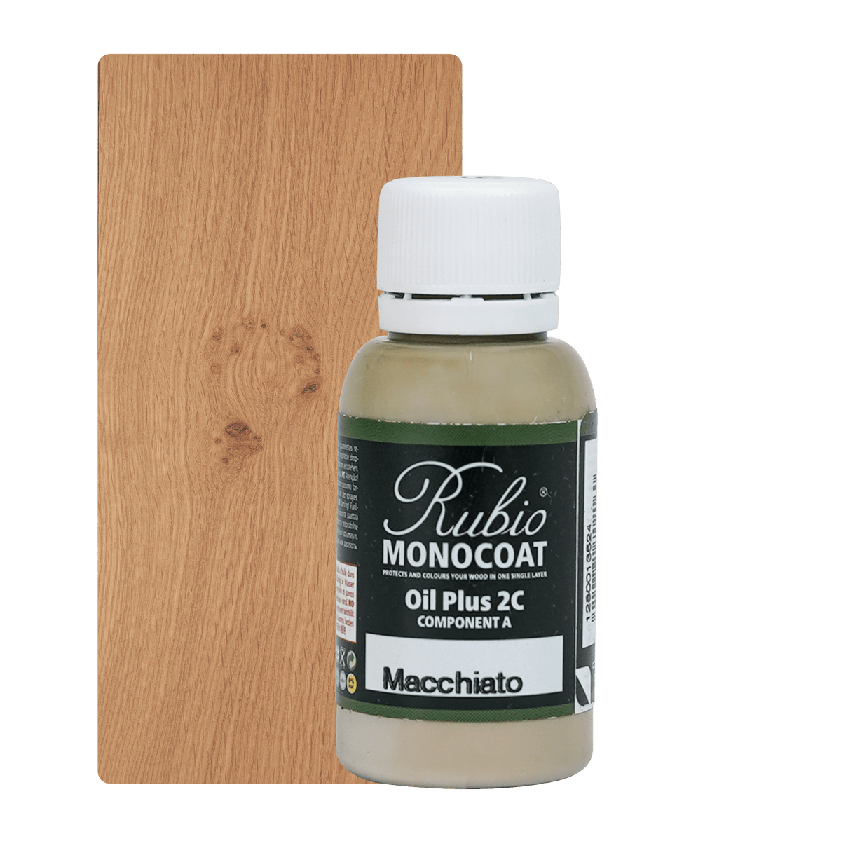 Lille pakning Rubio Monocoat Oil Plus 2C indendørs træolie i farven Macchiato, 20 ml