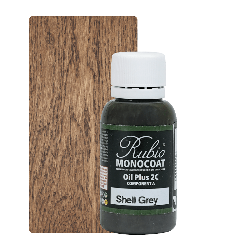 Lille pakning Rubio Monocoat Oil Plus 2C indendørs træolie i farven Shell Grey, 20 ml
