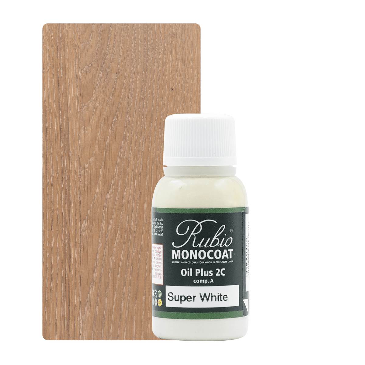 Lille flaske Rubio Monocoat Oil Plus 2C indendørs træolie i farven Super White, 20 ml
