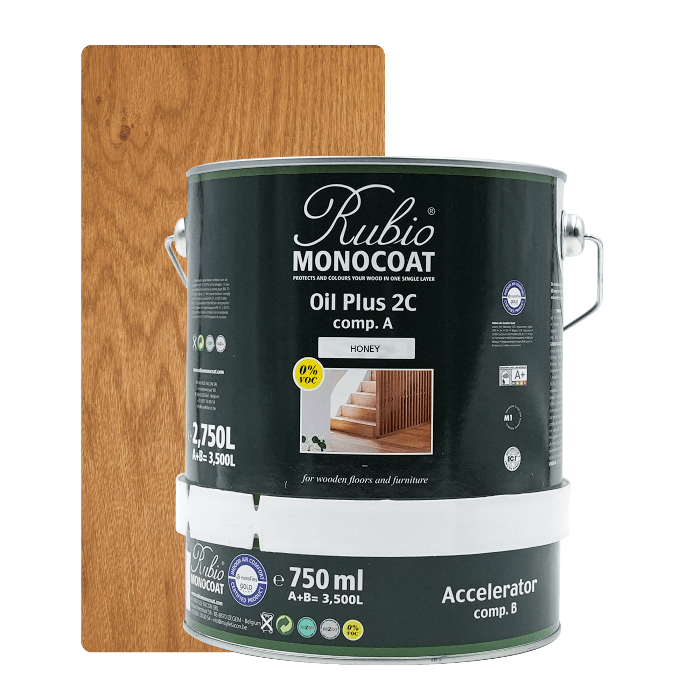 Stor dunk Rubio Monocoat Oil Plus 2C træolie i farven Honey, 3,5 L