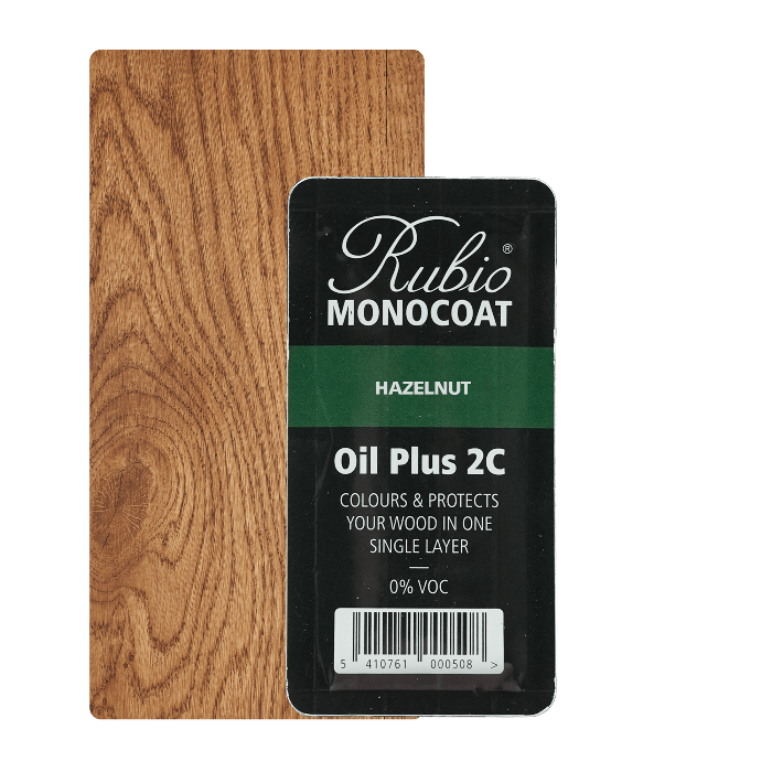 Lille pakning Rubio Monocoat Oil Plus 2C træolie i farven Hazelnut, 6 ml