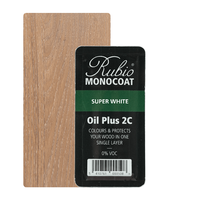 Lille prøveflaske Rubio Monocoat Oil Plus 2C indendørs træolie i farven Super White, 6 ml