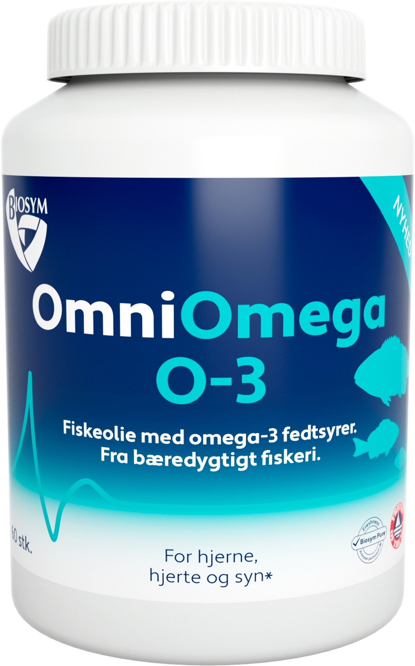 Pakning med Biosym OmniOmega O-3 fiskeolie, 60 kapsler