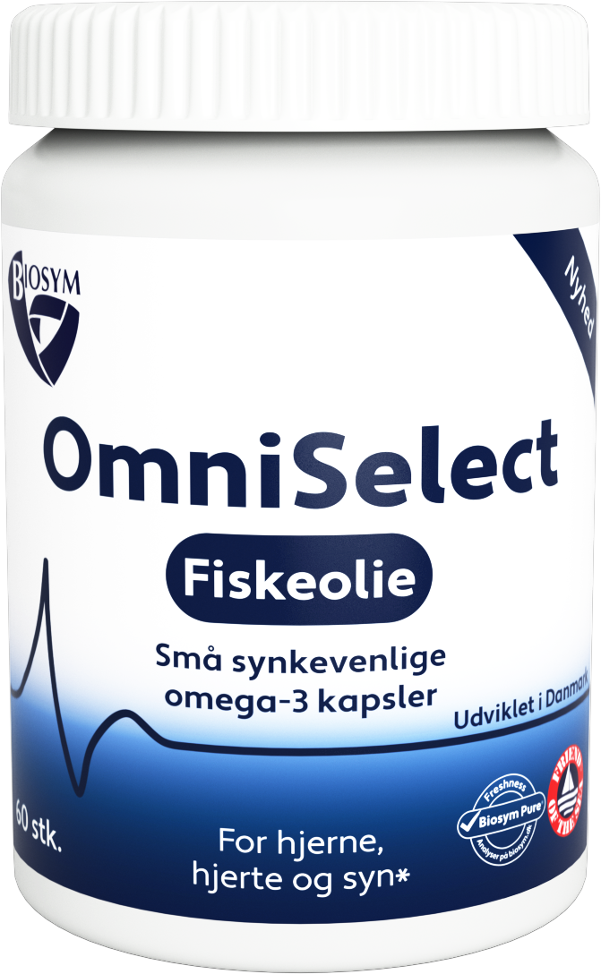 Pakke med Biosym OmniSelect Fiskeolie, 60 bløde gyldne kapsler