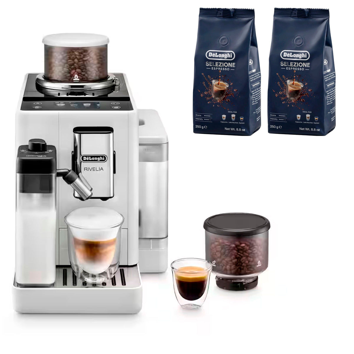 De'Longhi Rivelia helautomatisk espressomaskine i hvid med to poser kaffebønner