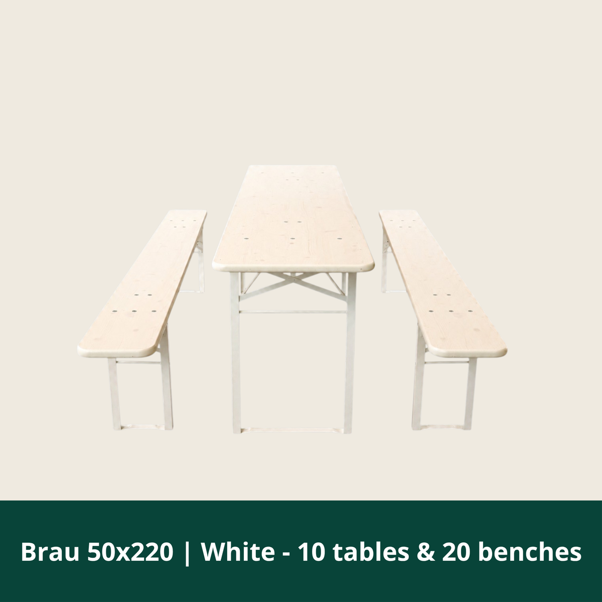 Brau bordbænkesæt i hvid med borde på 220 x 50 cm og bænke på 220 x 25 cm