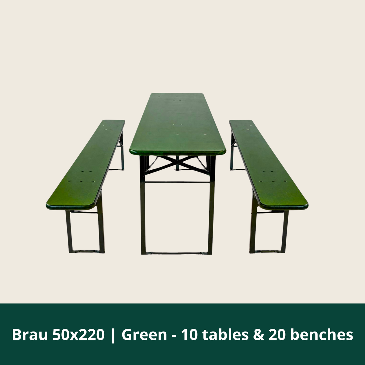 Brau bordbænkesæt i grøn med borde på 220 x 50 cm og bænke på 220 x 25 cm