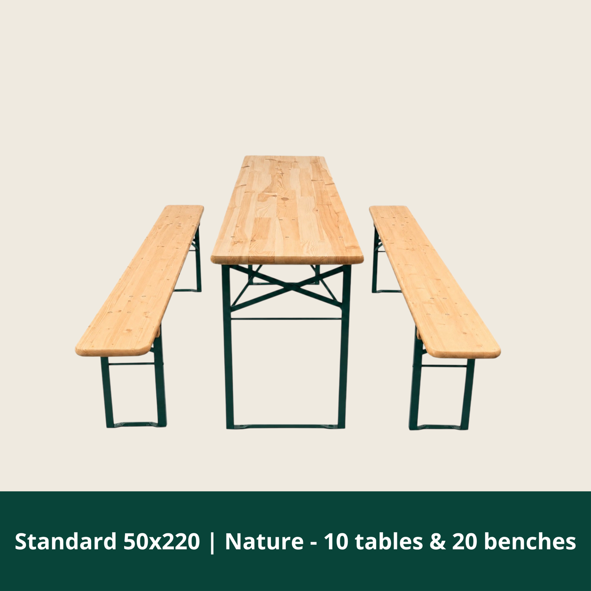 Standard bordbænkesæt i natur med borde på 220 x 50 cm og bænke på 220 x 25 cm