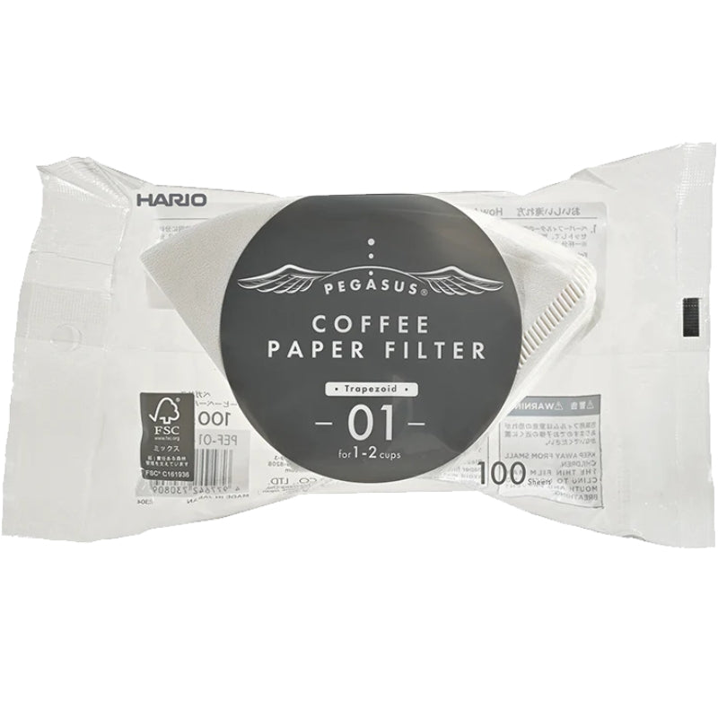 Hvide Hario Pegasus papirfiltre i størrelse 01, pakke med 100 stk.